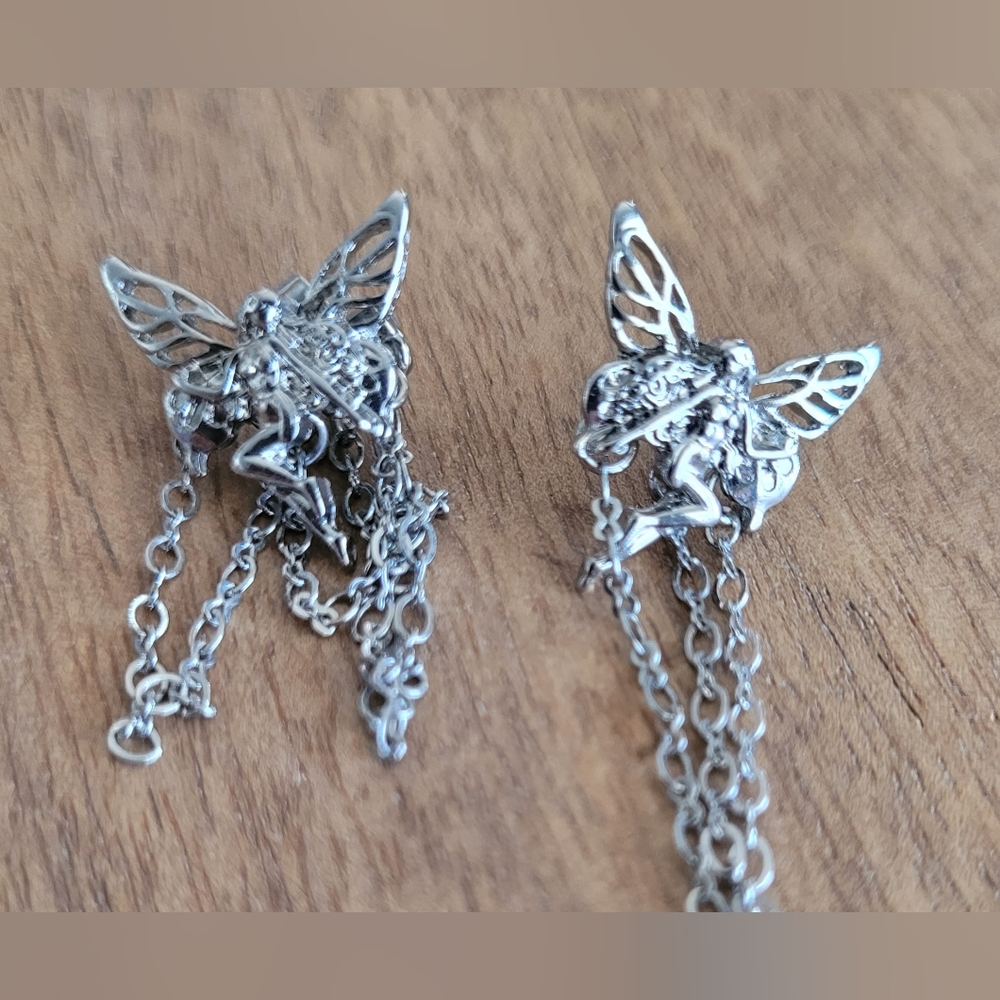 Mystical Silver Fairy Goth Earrings with Chains
